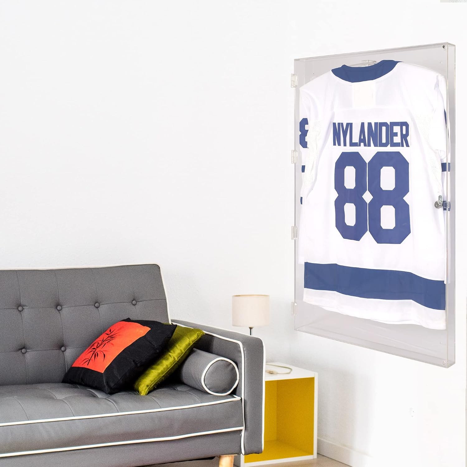 XL Large Football/Hockey Jersey Display Case Military Uniform Display Frame Police Uniform Motorcycle Jacket Shadow Box, 98% UV Protection (All Clear Acrylic Frame)