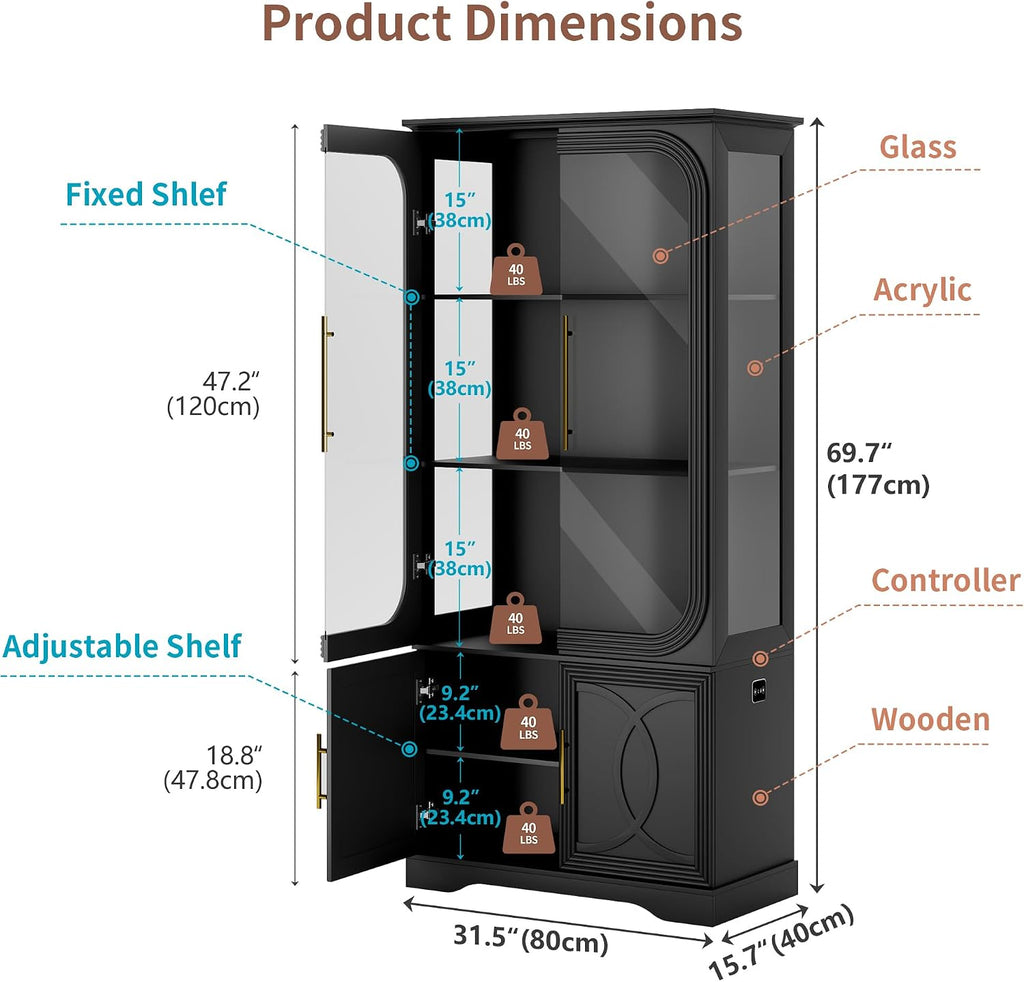69' Tall Display Cabinet with Glass Doors, Curio Cabinet with 3 LED Lights and Human Body Sensor, Glass Display Case with Storage Cabinet for Living Room, Black