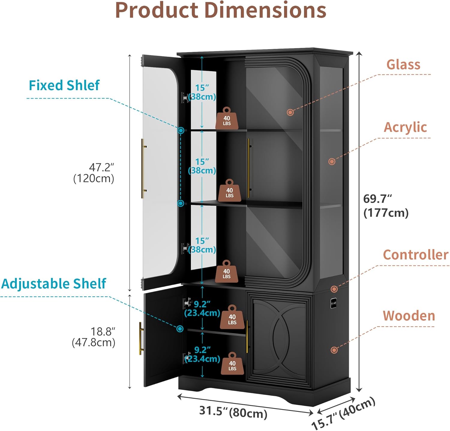 2pc Wood Display Cabinet with Glass Doors, 69' Tall Curio Cabinet with LED Lights, Glass Display Case with Storage and 3 Shelves for Living Room, (Black-2)