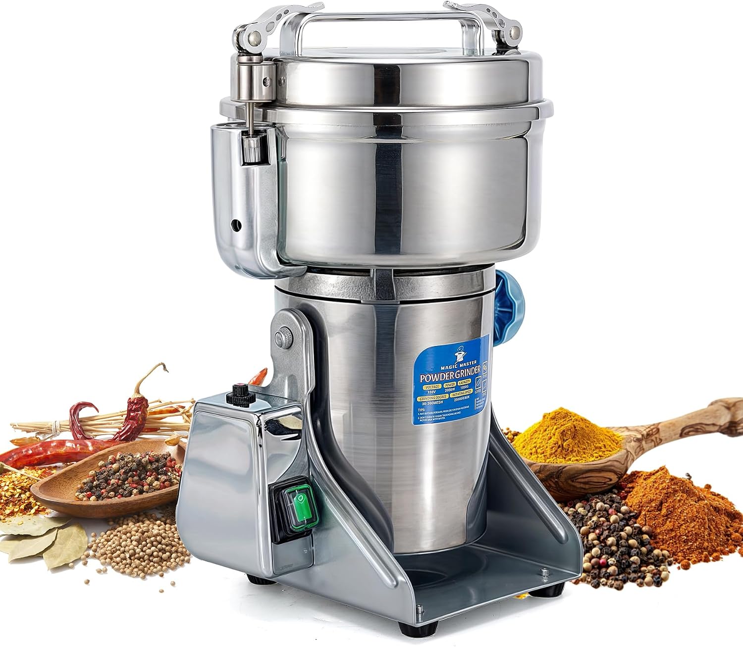MAGIC MASTER 1000g Grain Mill, High Speed Electric Grinder, Stainless Steel Dry Grinder Machine For Flour, Wheat, Nut, Corn, Rice, Pepper, Herbs, Coffee Beans, Swing, 110V