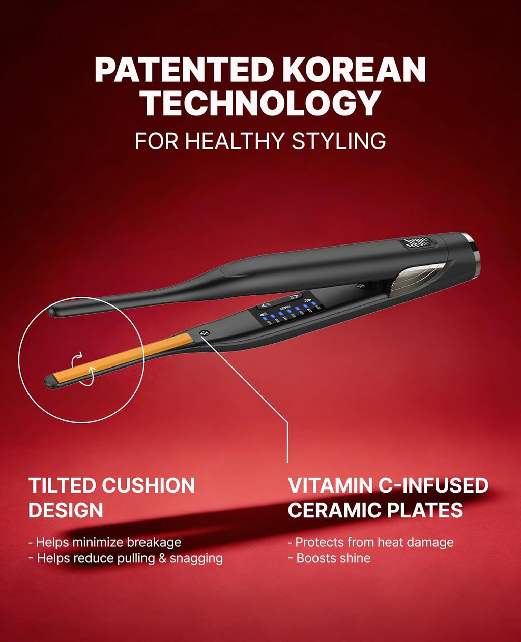 GLAMPALM Stiletto Hair Straightener 0.3' Pencil Ceramic flat iron Infused with Vita C, Korea's No.1 Professional Salon Tool for Short Hair, Dual Voltage, 7 Heat Setting(150°–450°), 10s Heat-Up (GP141)