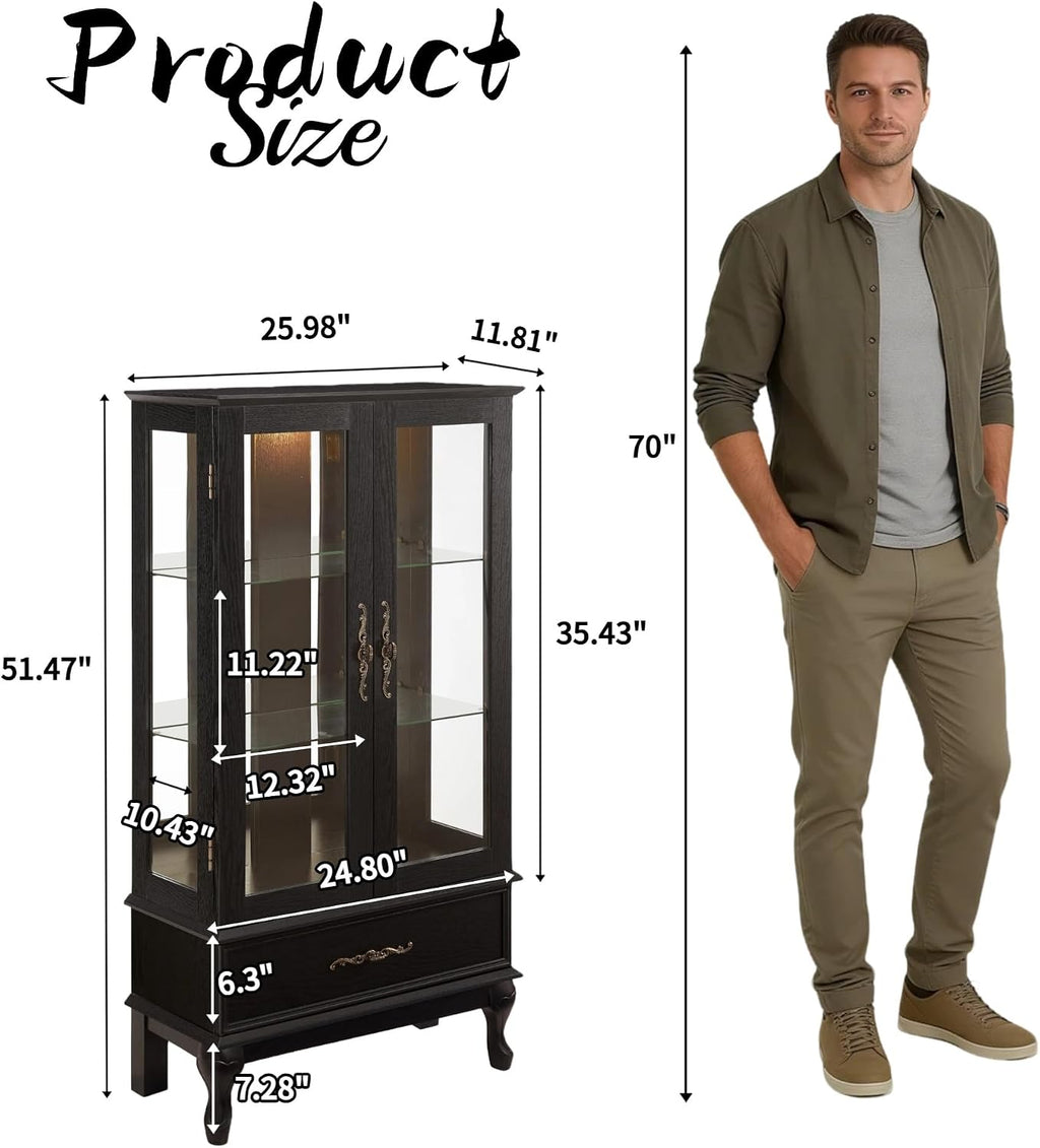 51' H Lighted Glass Curio Display Cabinet with 2 Doors & 1 Drawer, Wooden Glass Curio Showcase w/Adjustable Shelves & Mirrored Back Panel, Storage Cabinet Display Case for Living Room (Black)