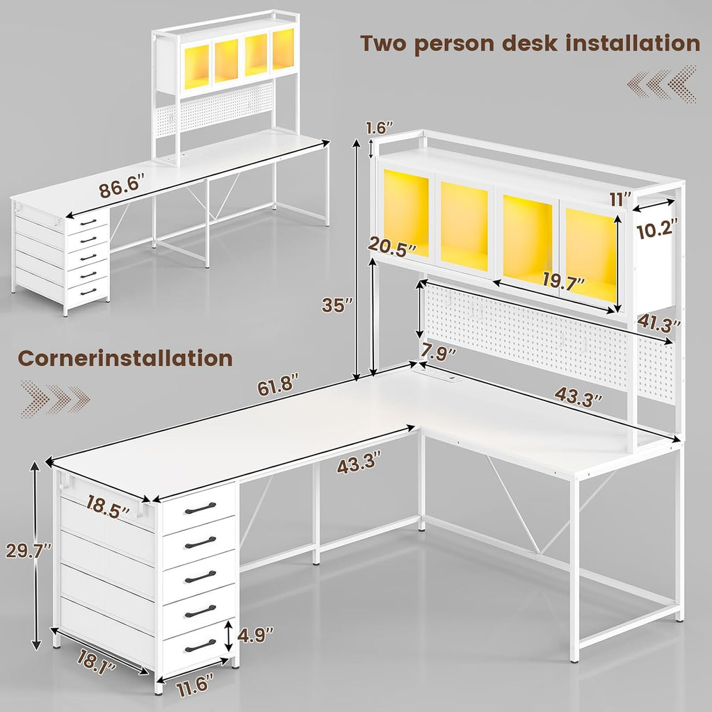 SEDETA L Shaped Gaming Desk with Drawers, L Shaped Computer Desk with Hutch and Storage Shelves, Gaming Desk with Pegboard, Led Lights, and Power Outlet, Home Office Desk, Corner Desk, White
