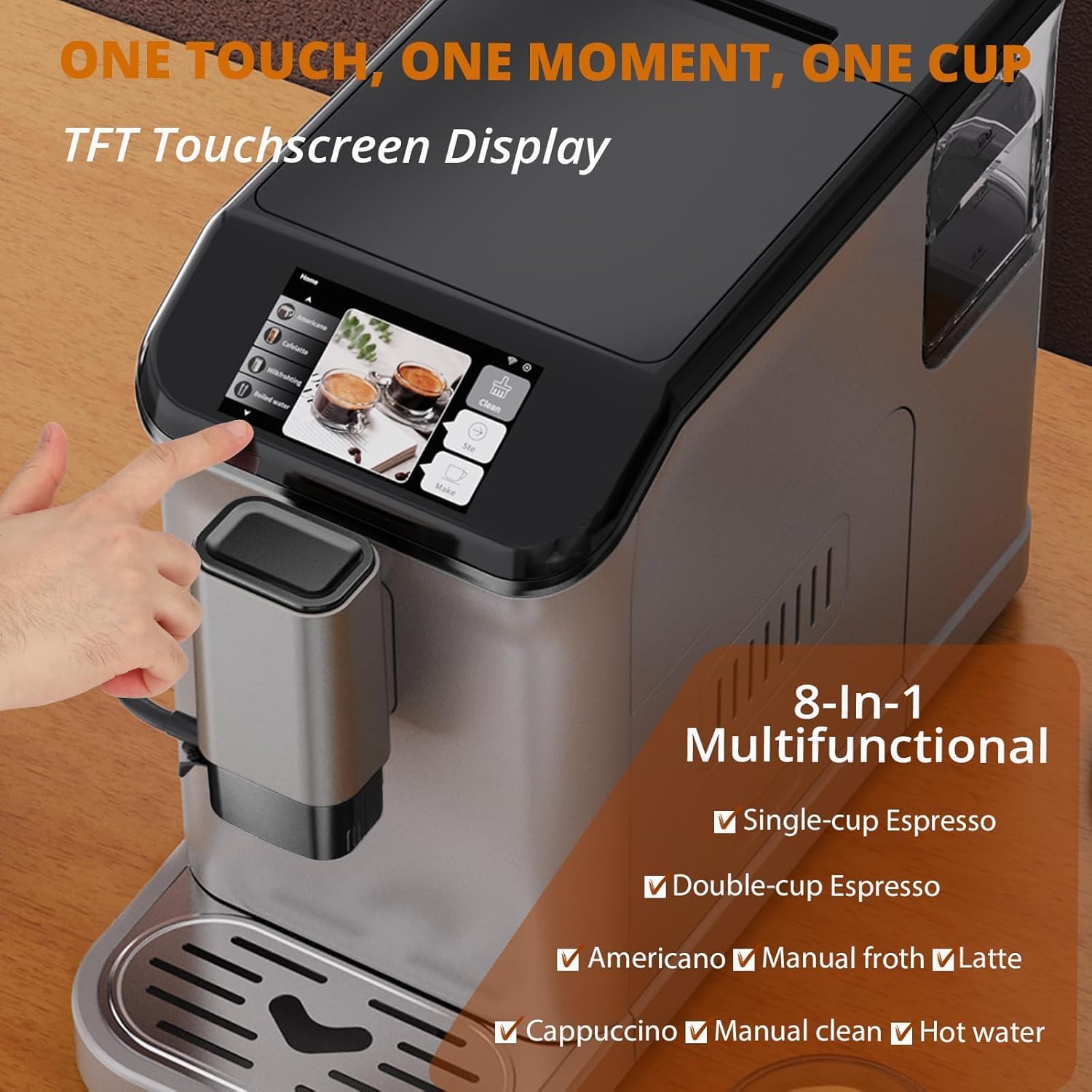 Fully Automatic Espresso Coffee Machine with Milk Frother, 20 Bar Pressure, 15 Adjustable Grind Levels, TFT Touchscreen, 8-In-1 Cappuccino Latte Maker, Removable Water Tank
