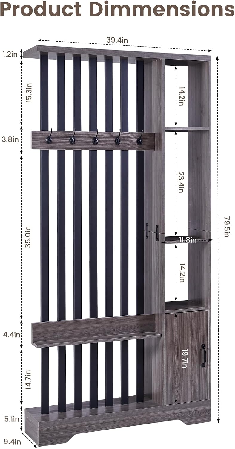 Room Divider with Shelves, Wall Room Divider Bookshelf, Freestanding Wood Privacy Screen with Storage Cabinet, Coat Rack, Display Shelf for Living Room Separation, Home Office Decorative (Grey)