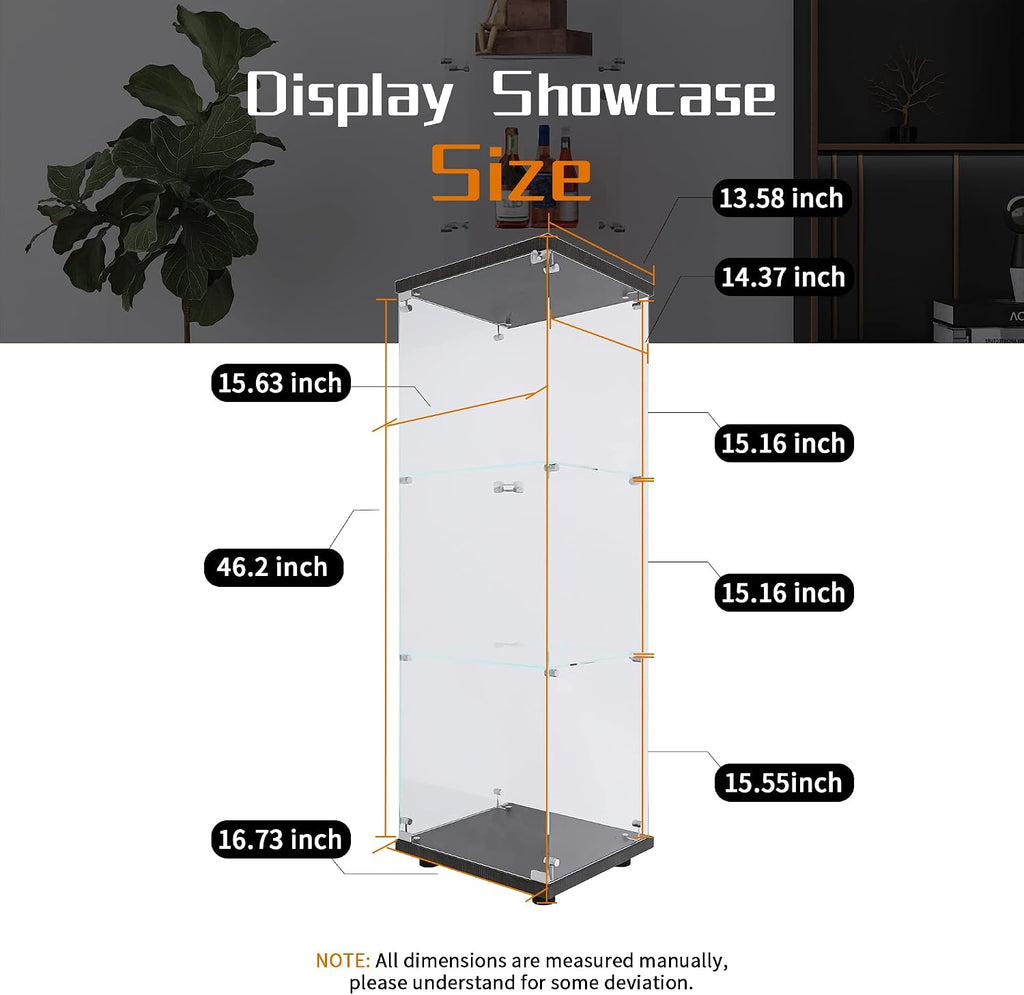 Beauty4U One-Door Glass Display Cabinet, Black Curio Cabinets for Living Room, Bedroom, Office, Collection Display, Quick Installation in 30 Mins, 3 Shelves Black Floor Standing Glass Bookshelf