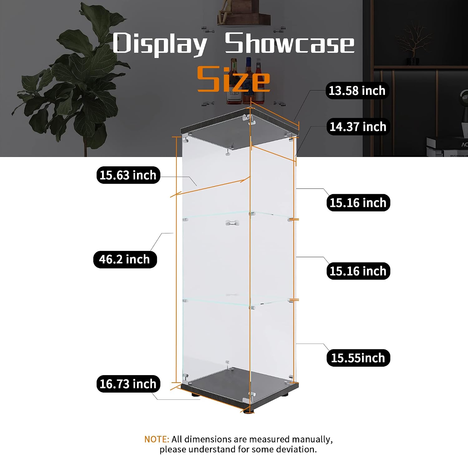 Beauty4U One-Door Glass Display Cabinet, Black Curio Cabinets for Living Room, Bedroom, Office, Collection Display, Quick Installation in 30 Mins, 3 Shelves Black Floor Standing Glass Bookshelf