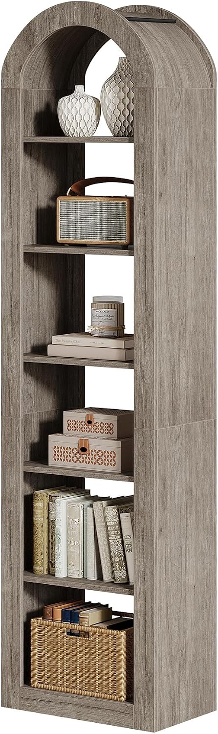 Tribesigns 74.8' Tall Arched Bookshelf, 6-Tier Narrow Open Bookcase, Floor Standing Corner Display Shelves Storage Organizer for Small Space, Home Office, Living Room (Grey, 1 PC)
