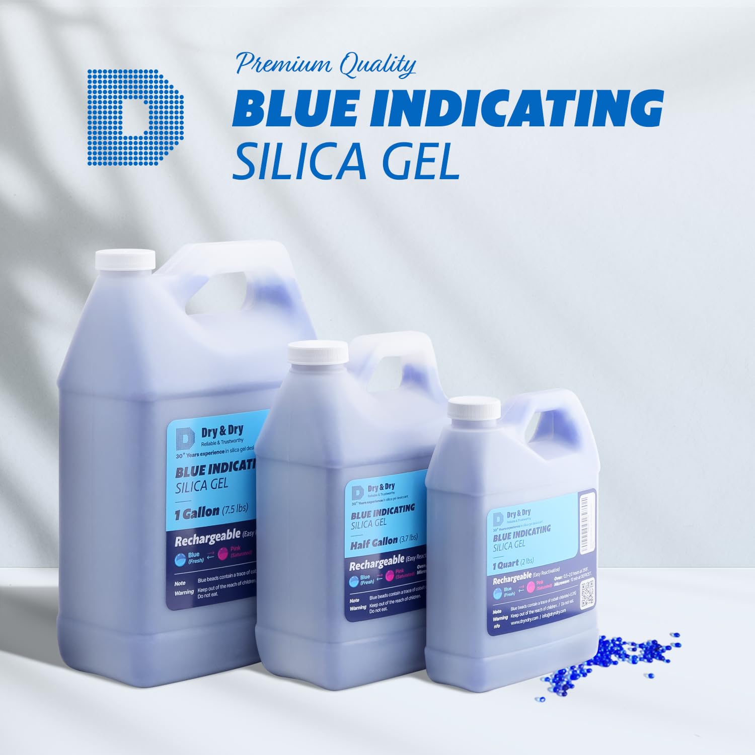 Dry & Dry [32 LBS] Blue Indicating Silica Gel Beads Desiccants (Industry Standard 3-5 mm) - Reusable Desiccant Beads Silica Beads(Blue to Pink) Silica Gel Bulk