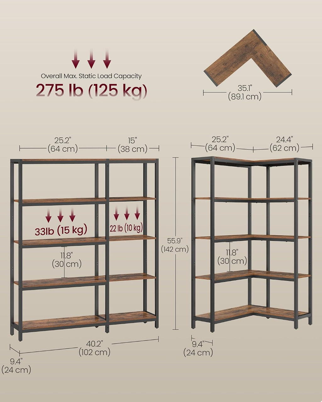 VASAGLE 5 Tier Bookshelf with Metal Frame, Convertible Industrial Corner Shelf, 9.4 x 40.2 x 55.9 Inches, for Living Room, Bedroom, Home Office, Rustic Brown and Ink Black ULLS605KD01