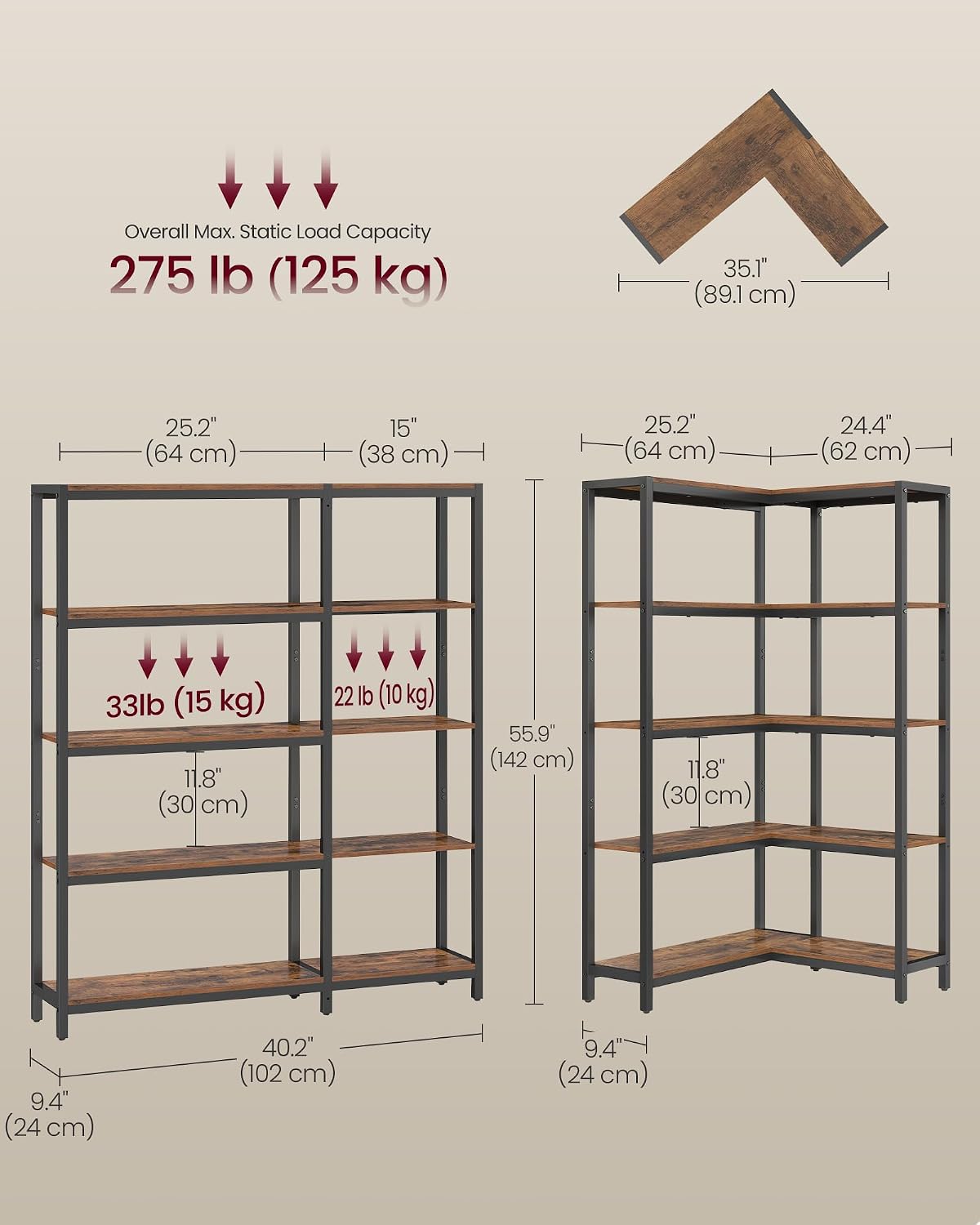 VASAGLE 5 Tier Bookshelf with Metal Frame, Convertible Industrial Corner Shelf, 9.4 x 40.2 x 55.9 Inches, for Living Room, Bedroom, Home Office, Rustic Brown and Ink Black ULLS605KD01