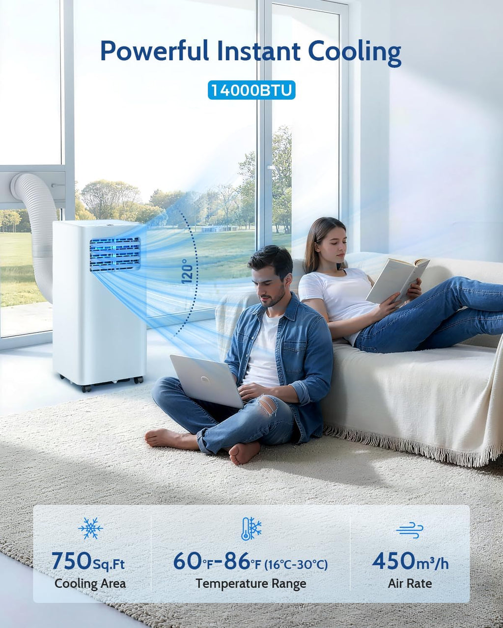 Feelfunn 14,000 BTU Portable Air Conditioners - 3-in-1 Portable AC Unit Cools Up to 750 Sq.Ft., with App/Wifi/Remote Control, Dehumidifier & Fan Modes, Window Mounting Kit, Ideal for Bedroom, Dorms
