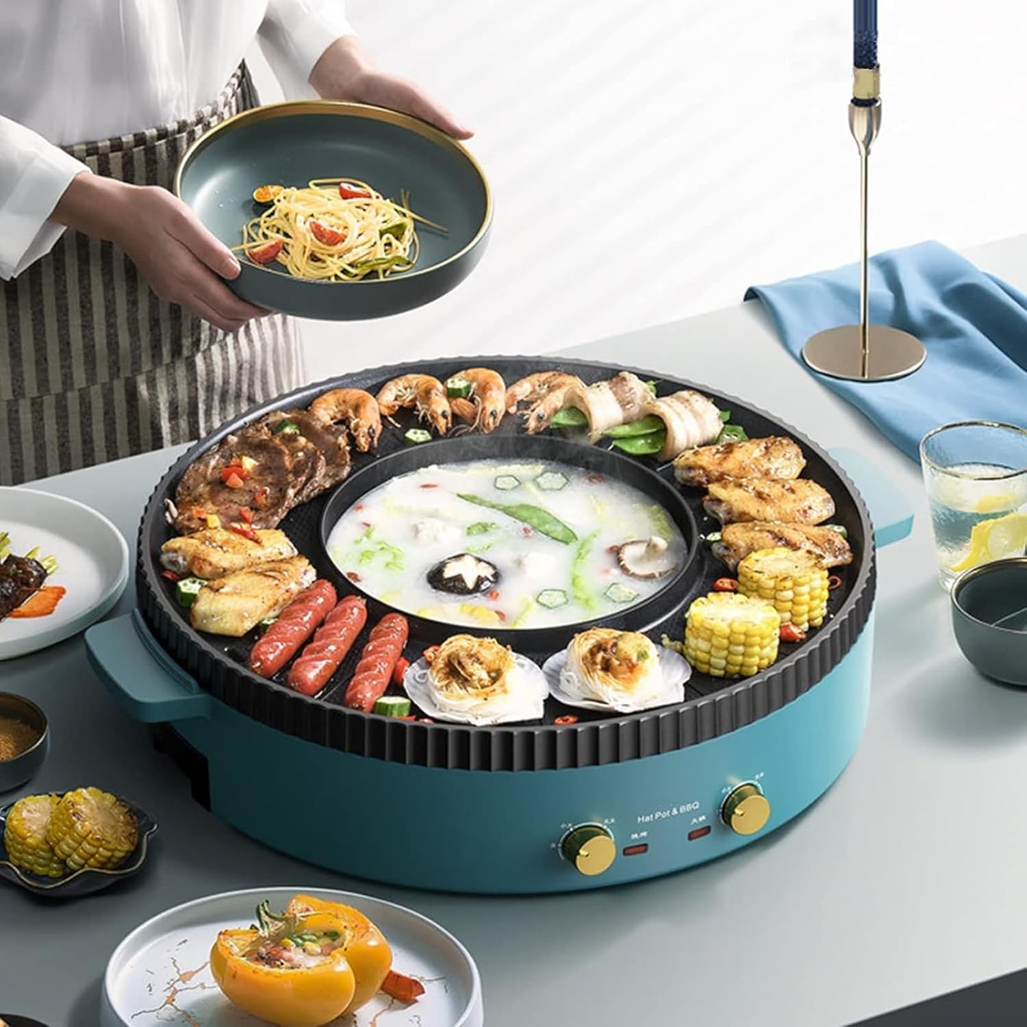 Electric Hot Pot and Grill 2 in 1, with Lid, Adjustable Temperature, High Efficiency and Smokeless, Nonstick BBQ Grill, Multifunctional Barbecue Grill Plate for Home Kitchen (A 42CM)