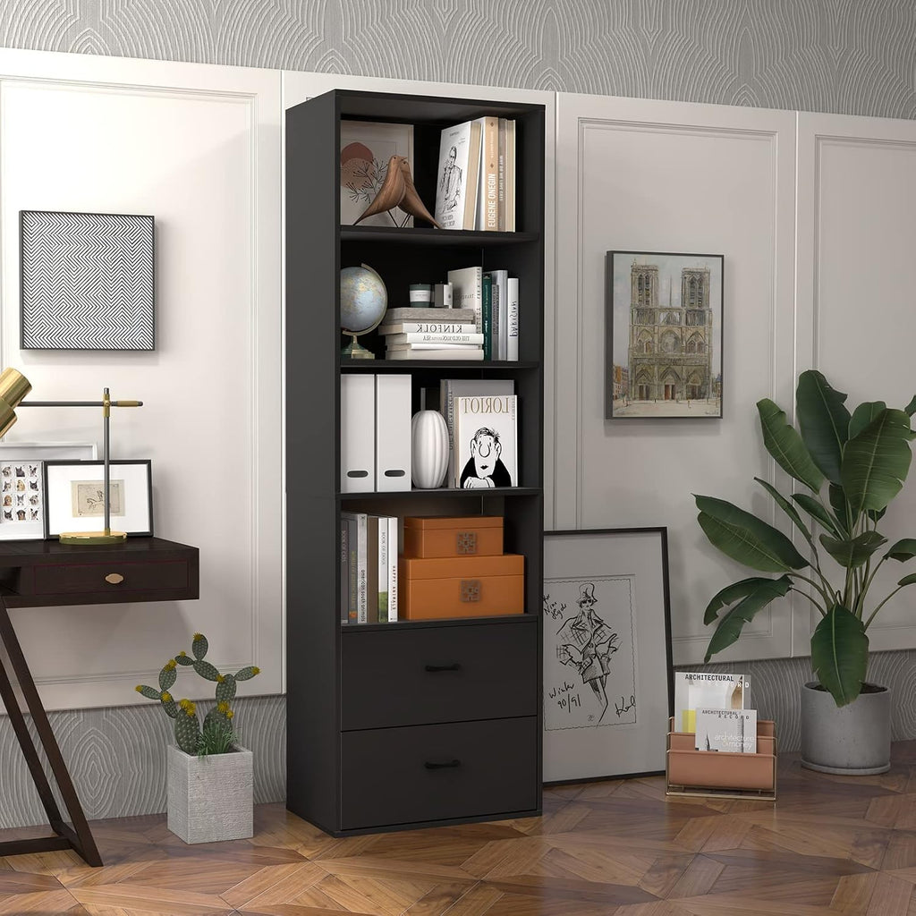 Tangkula 4 Shelf Bookcase with 2 Drawers, 74 Inch 4 Tiers Tall Open Bookshelf with 2 Slide-Out Drawers, Anti-toppling Device, Freestanding Wood Storage Shelf for Home Office (Black, 74' H)