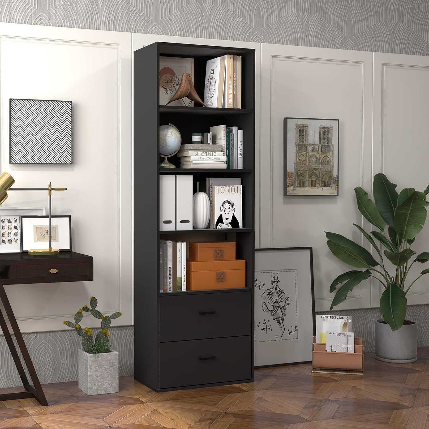 Tangkula 4 Shelf Bookcase with 2 Drawers, 74 Inch 4 Tiers Tall Open Bookshelf with 2 Slide-Out Drawers, Anti-toppling Device, Freestanding Wood Storage Shelf for Home Office (Black, 74' H)