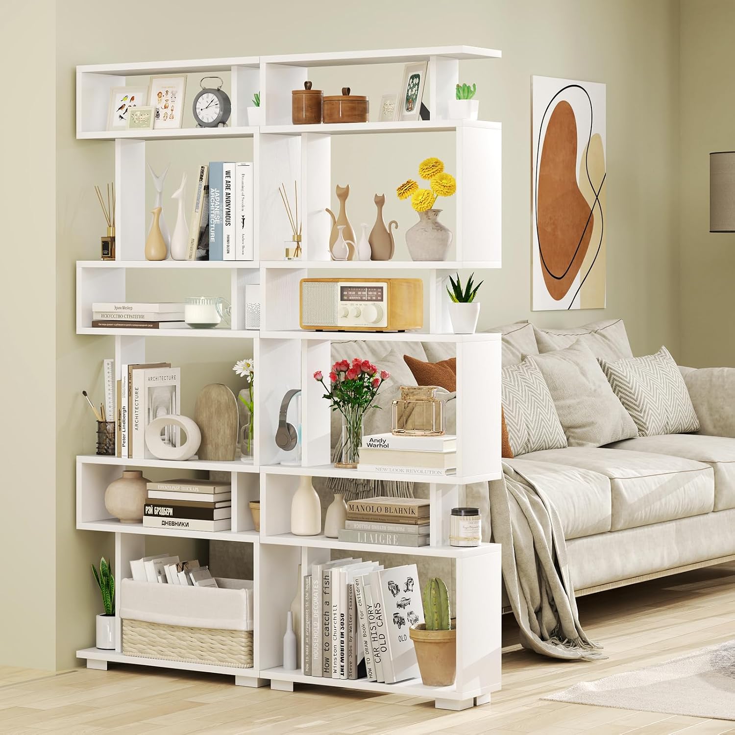Giantex 6-Tier Geometric Bookcase Set of 2, 64' Tall S-Shaped Bookshelf w/Anti-Tipping Kit, Wood Freestanding Decorative Storage Display Shelves for Living Room, Bedroom & Home Office, White