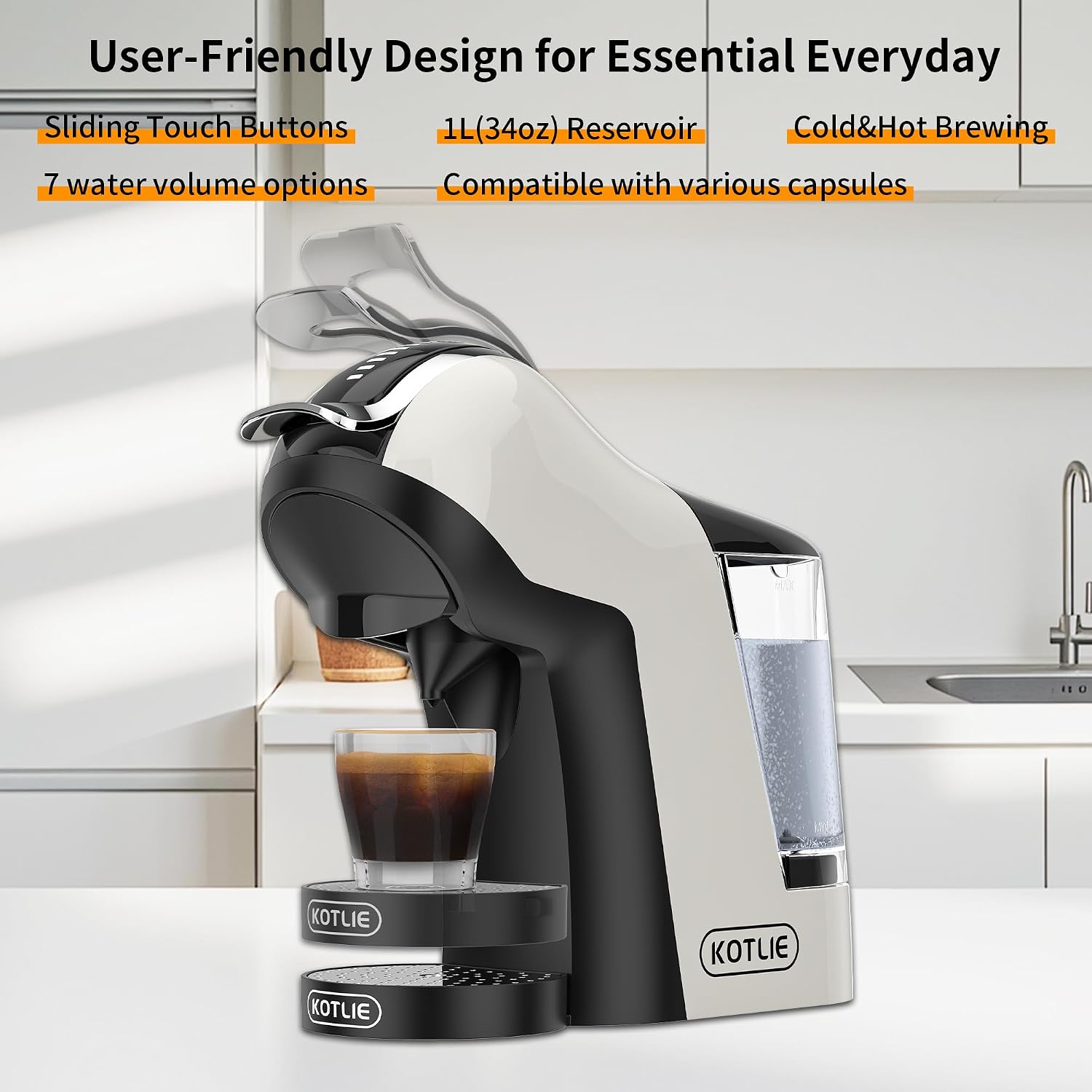 KOTLIE Single Cup Coffee Maker, Multi Capsule Machine Compatible With Various Capsule Types, 4 Temperature Settings, 7 Water Volume Levels,19 Bar(Glossy White)