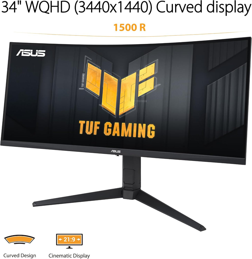 ASUS TUF Gaming 34' 1440P 1500R Curved Monitor (VG34VQL3A) - QHD (3440 x 1440), 180Hz, 1ms, Extreme Low Motion Blur, Freesync Premium Pro, 125% sRGB, DisplayHDR 400, Height Adjustable, 3 year warranty
