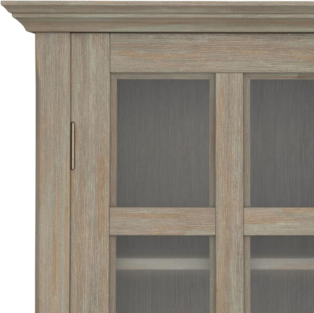 SIMPLIHOME Acadian Storage Cabinet - 39 inch Wide Solid Wood 4-Shelf Display Cabinet in Distressed Grey, Transitional Cupboard for Living Room or Dining Room with Glass Doors and Adjustable Shelves
