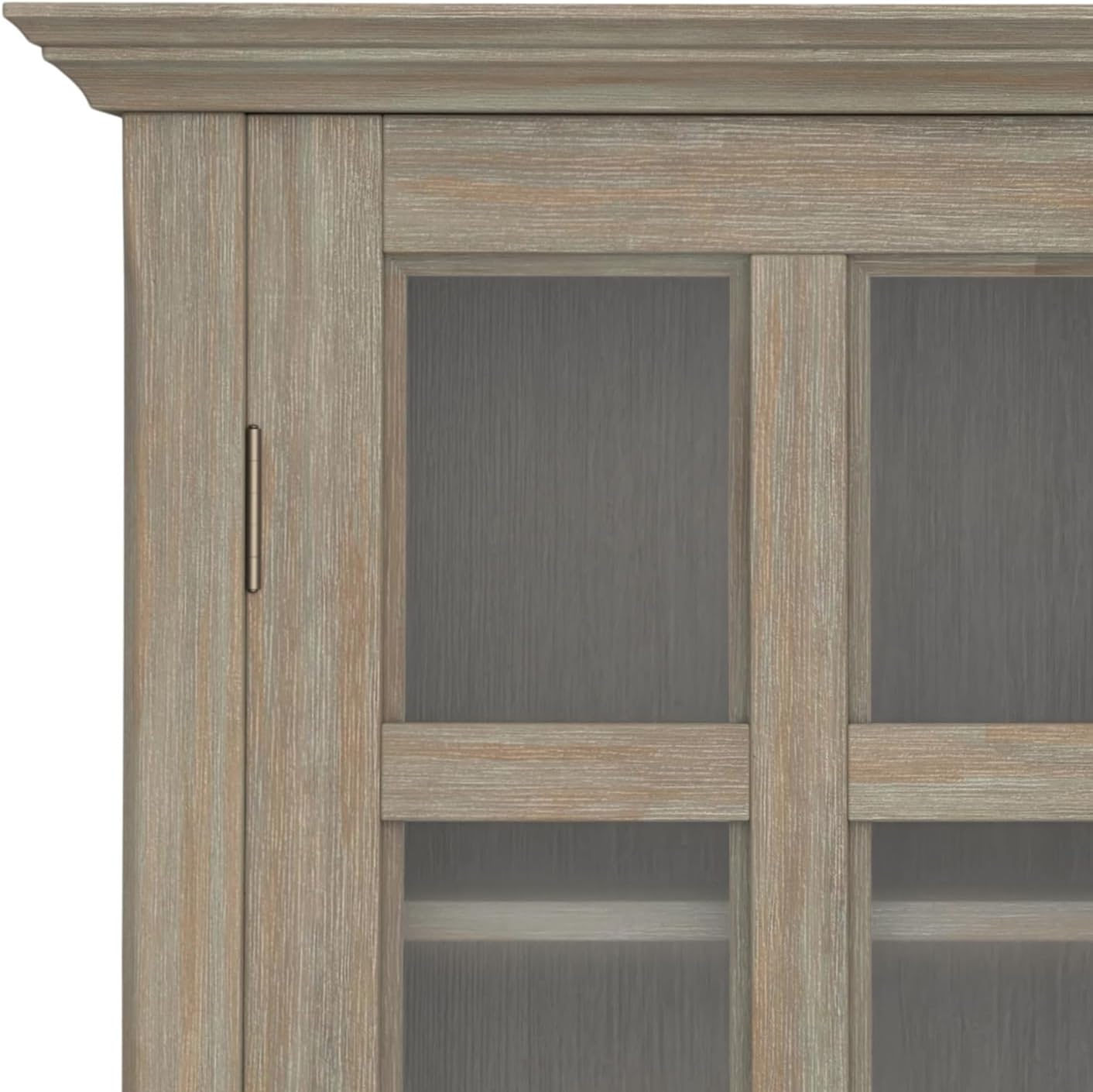 SIMPLIHOME Acadian Storage Cabinet - 39 inch Wide Solid Wood 4-Shelf Display Cabinet in Distressed Grey, Transitional Cupboard for Living Room or Dining Room with Glass Doors and Adjustable Shelves