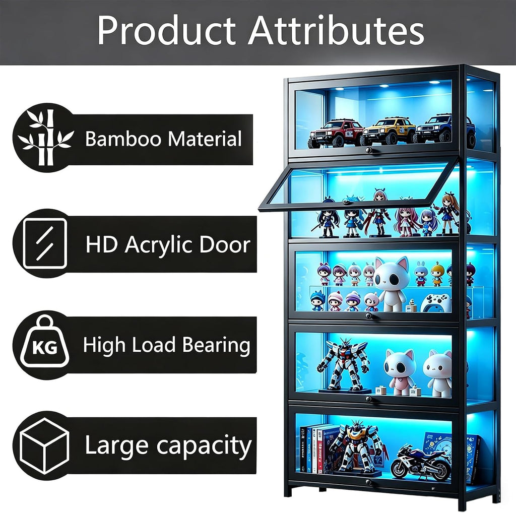 Display Cabinet with Acrylic Glass Door, 5 Tier Curio Display Case, Collectibles Toy Organizers Rack & Display Shelf, Kids Bookcase for Bedroom, Reading Nook, living Room, Bamboo (Black -flip Door)