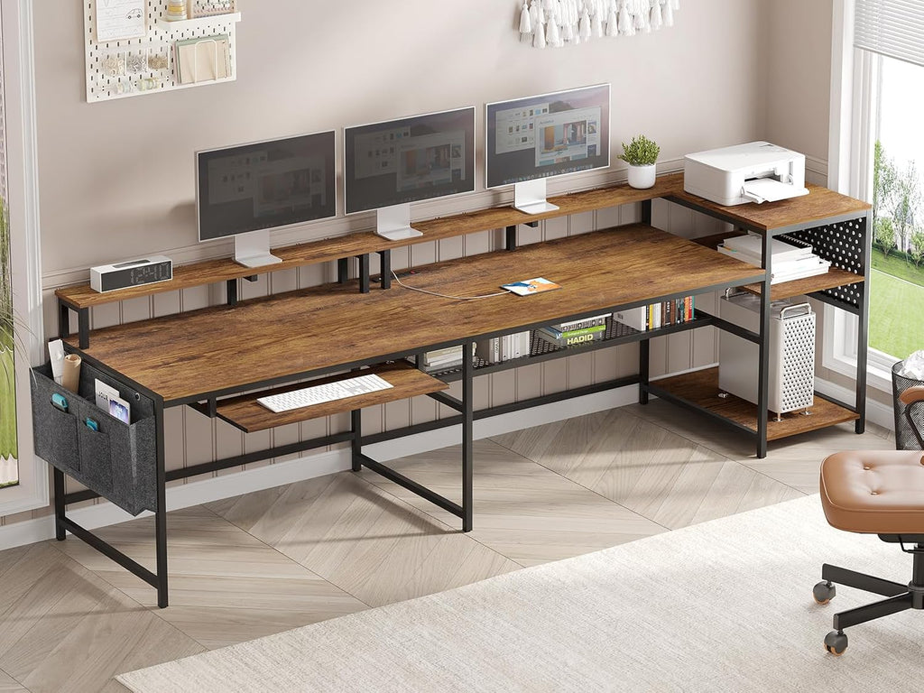 SEDETA L Shaped Computer Desk, Reversible Computer Desks, L Shaped Desk with Power Outlets & LED Strip, Monitor Shelf, Keyboard Tray, Pegboard and Storage Shelves for Home Office, Rustic Brown