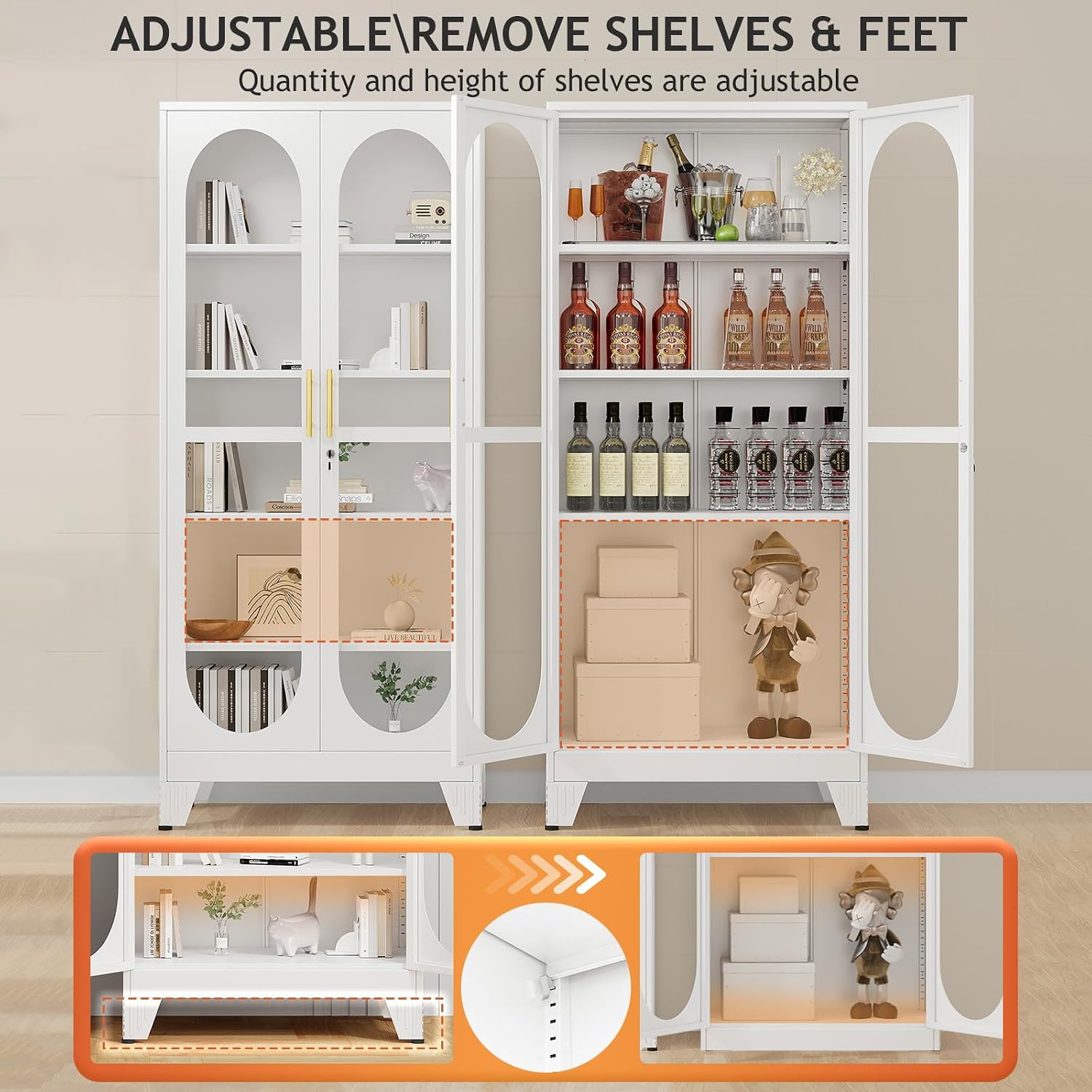 GAIOUS 71' Tall Curio Cabinet with Glass Door, 5 Tier Metal Display Cabinet with 4 Adjustable Shelves, Locking Glass Display Case for Collectibles, Showcase Storage Cabinets for Showroom Clinic, White
