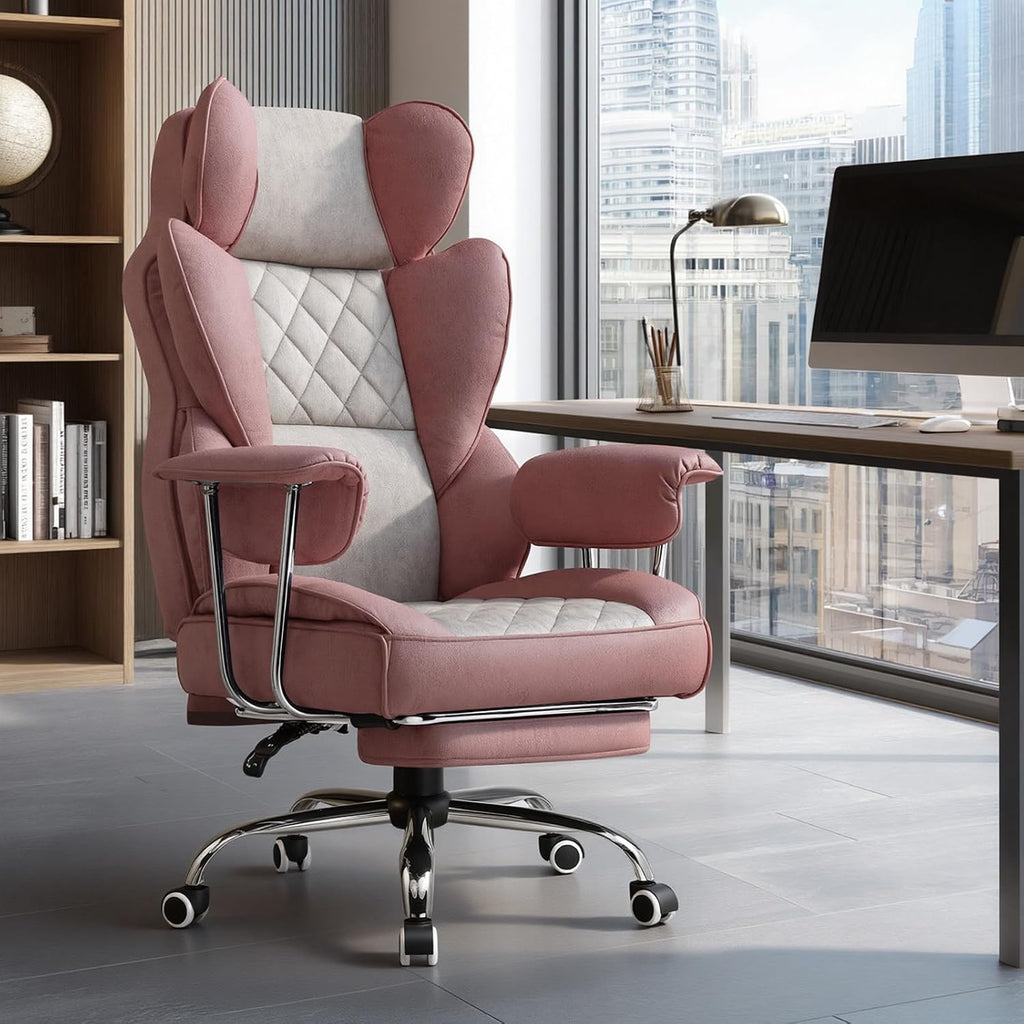 GTPLAYER Gaming Chair,Office Chair with Pocket Spring Lumbar Support, Ergonomic Comfortable Wide Office Desk Computer Chair with Outward Fixed Soft Armrests and Footrest (Fabric, Pink)