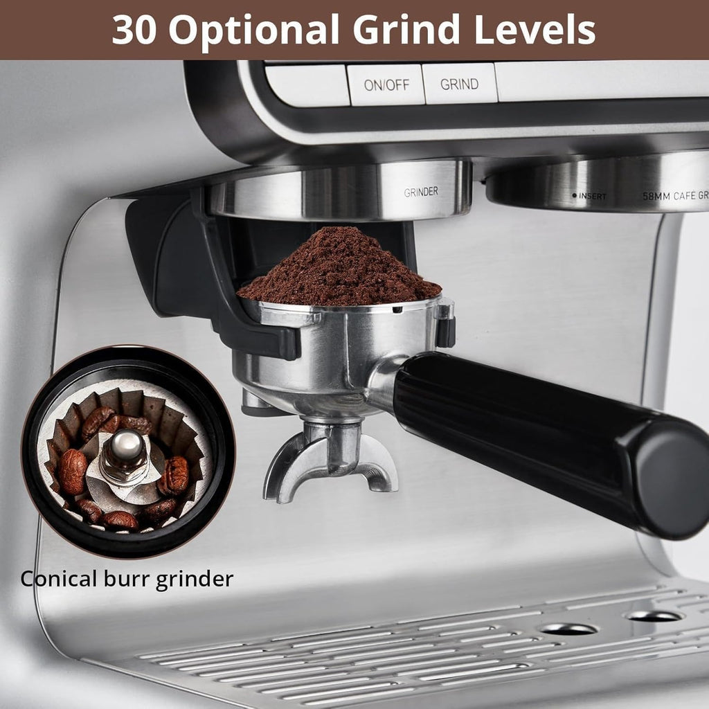 Espresso Machine with Grinder & Milk Frother - 20 Bar Professional Coffee Maker with 95 oz Removable Water Tank for Home Brewing Lattes and Cappuccinos - Stainless Steel