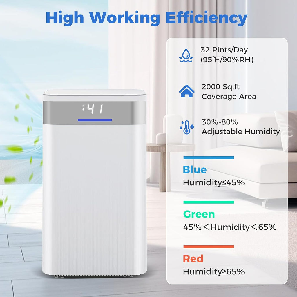 ARLIME 32 Pints Dehumidifier for Home, 2000 Sq.ft, Quiet Operation with 3 Modes, Drain Hose, Auto Shut Off, LED Display, 24H Timer, Portable Dehumidifier for Bedroom, Bathroom, Living Room, Basement