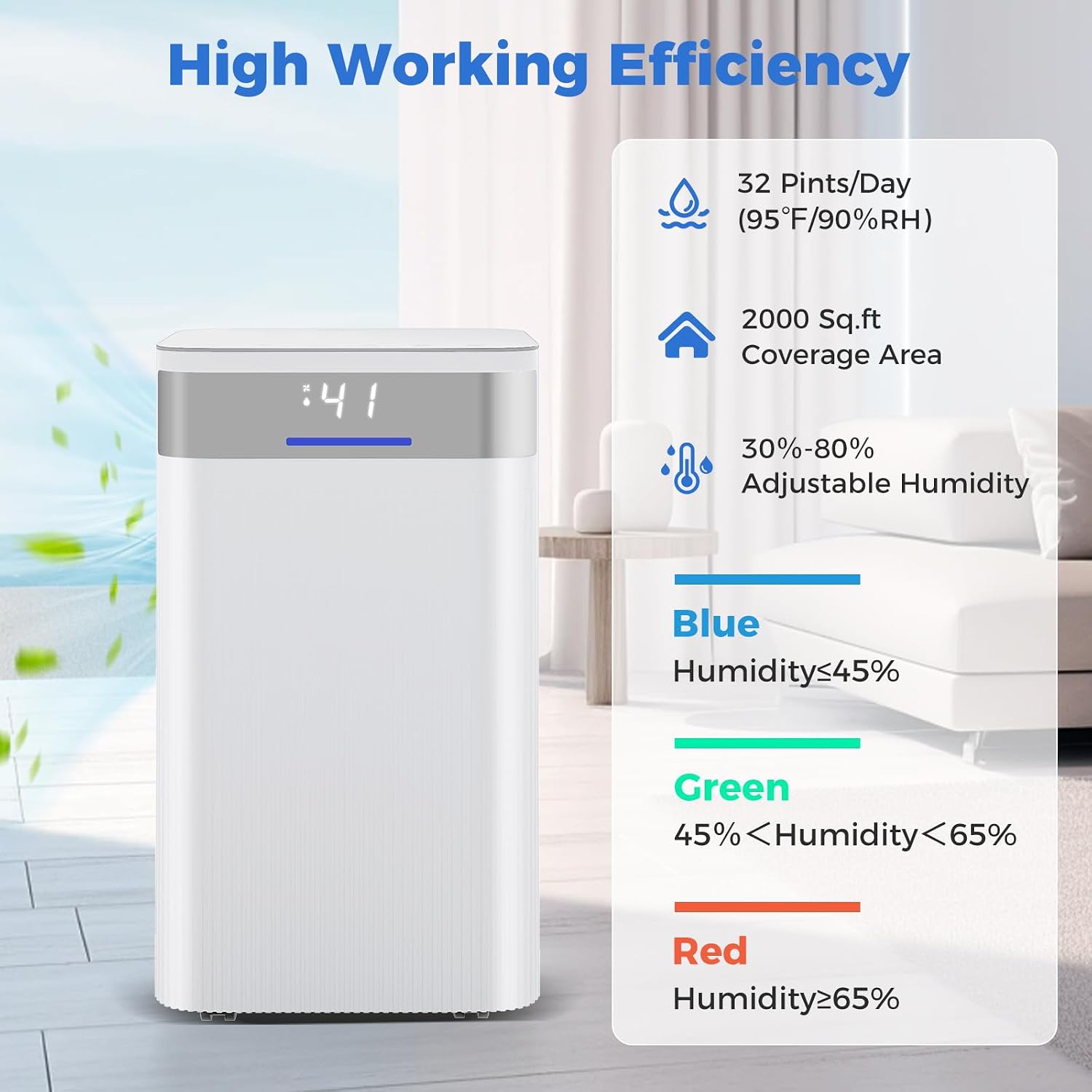 ARLIME 32 Pints Dehumidifier for Home, 2000 Sq.ft, Quiet Operation with 3 Modes, Drain Hose, Auto Shut Off, LED Display, 24H Timer, Portable Dehumidifier for Bedroom, Bathroom, Living Room, Basement