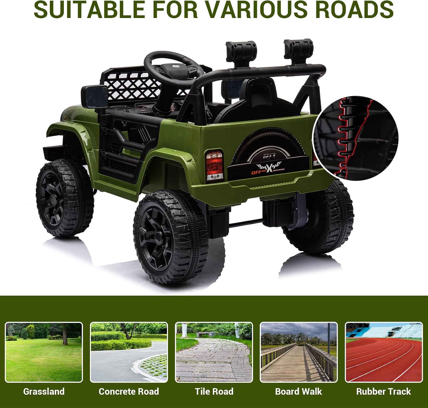 12V Ride On Car for Kids Electric Vehicle Toddlers Battery Powered Truck Car Toy with Remote Control, 4-Wheel Suspension, Battery Display, LED Lights, Music, for Boys Girls, Army Green