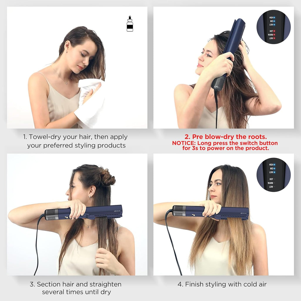 IG INGLAM Air Straightener, Style from Wet Hair, 2.2' Hair Dryer Straightener, 200M Negative Ionic, One-Step Air Straight for Medium and Long Length(14'-30'), Prussian Blue