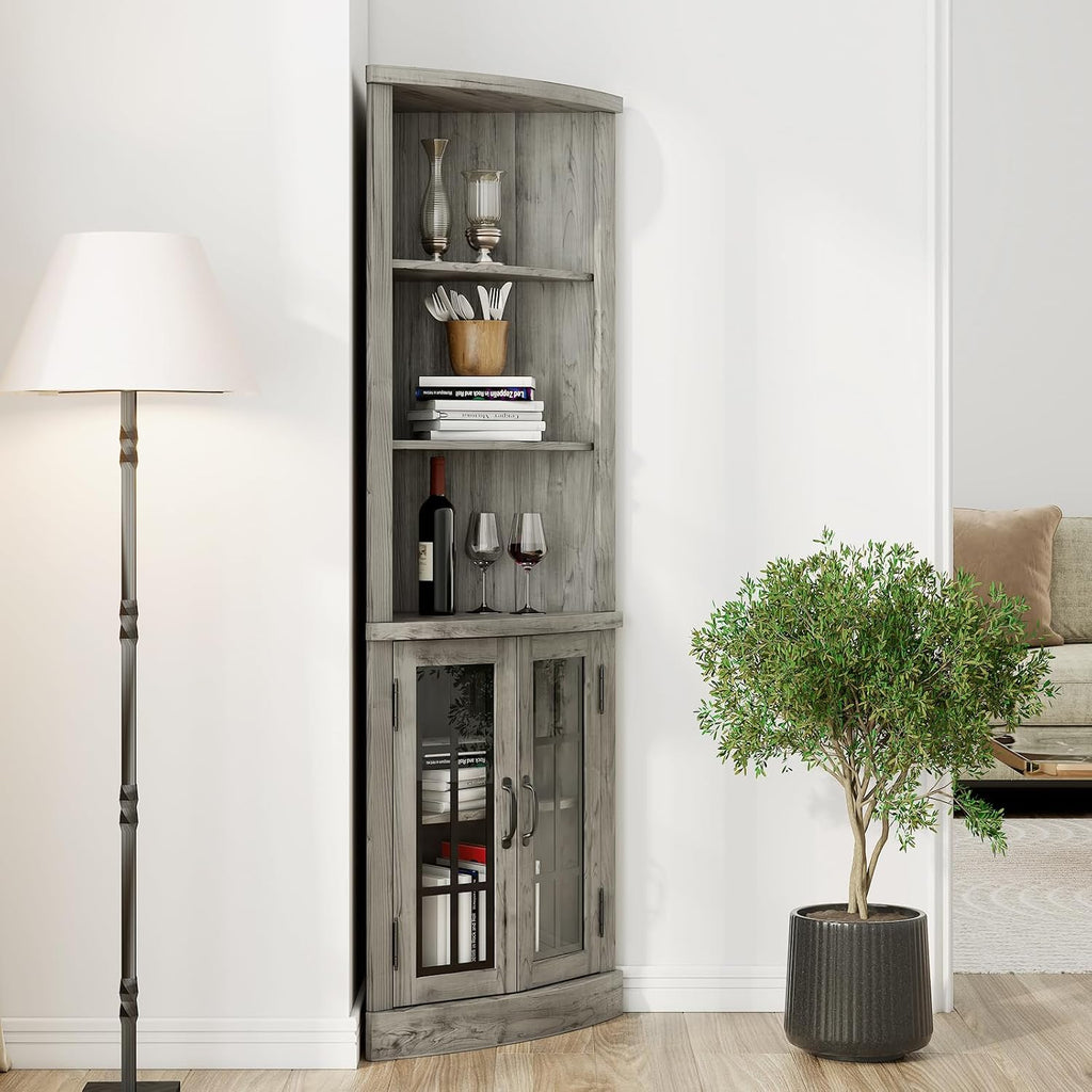 AMERLIFE Curved Corner Storage Cabinet, 65' Tall Freestanding Bookcase with Glass Doors & Adjustable Shelves, 5-Tier Corner Display Cabinet for Living Room, Bathroom, Laundry Room, Washed Grey