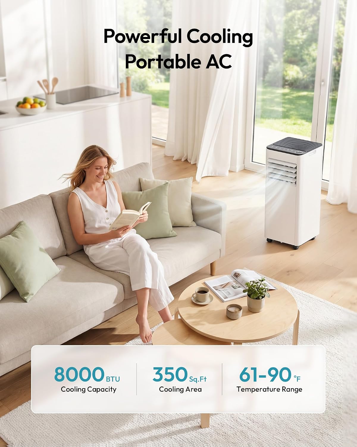 EUHOMY 8,000 BTU Portable Air Conditioners, 4-in-1 Portable AC Unit Cools Up to 350 Sq.Ft, with Cool, Fan, Dehumidifier, Sleep Modes, 24H Timer, Remote, Window Installation Kit for Bedroom