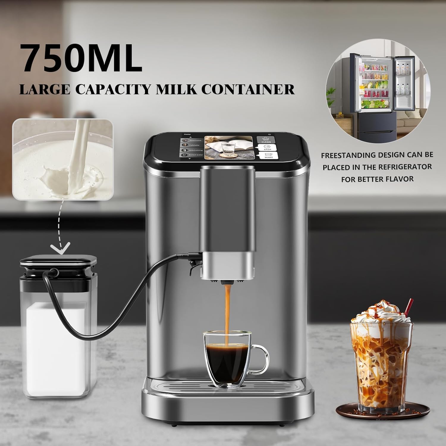 GarveeHome Espresso Machine, 20 Bar Semi Automatic Espresso Machine With Grinder and Milk Frother Wand, Professional Espresso Maker Coffee Machine With 95 oz Removable Water Tank (Grey+Silver)