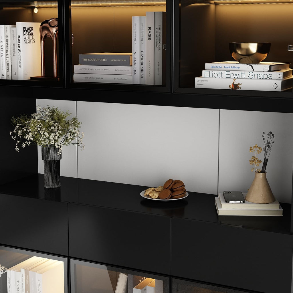 Curio Display Cabinet with Light, Storage Shelves with Pop-up Glass Doors, 3 Drawers & 3 Color Light, Collectibles Cabinet Display Shelf, Bookshelf Showcase for Living Room, Black w/Hutch