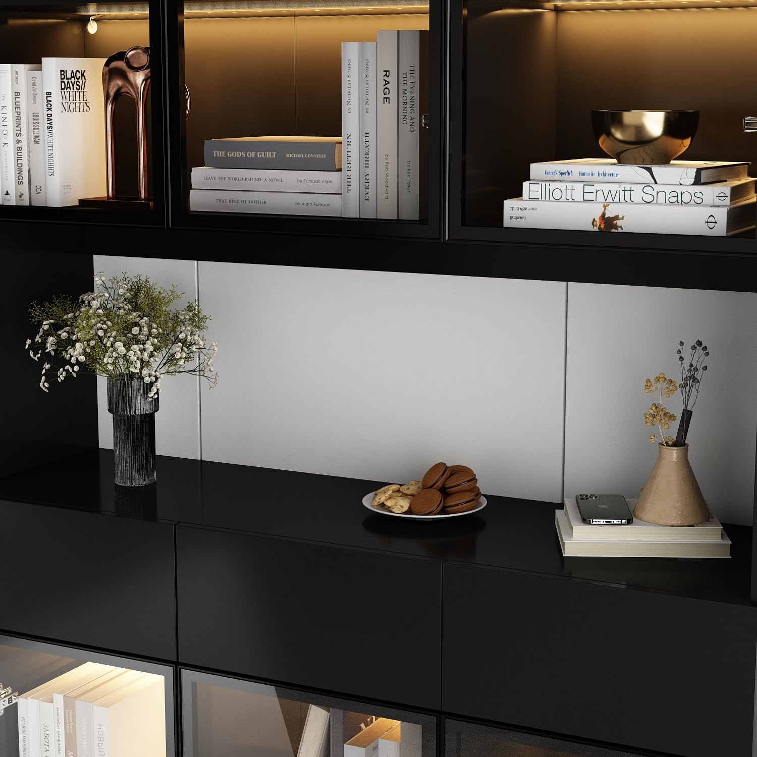 Curio Display Cabinet with Light, Storage Shelves with Pop-up Glass Doors, 3 Drawers & 3 Color Light, Collectibles Cabinet Display Shelf, Bookshelf Showcase for Living Room, Black w/Hutch