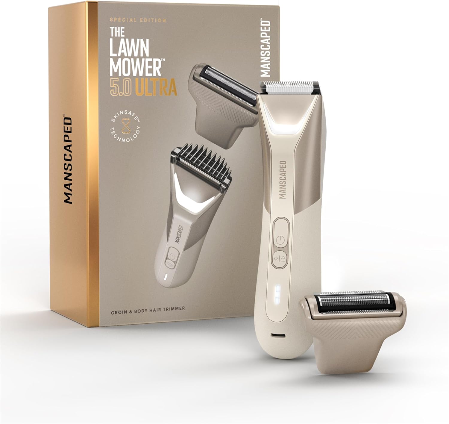 MANSCAPED® The Lawn Mower® 5.0 Ultra Groin & Body Hair Trimmer – Dual-Head SkinSafe® Trimmer & Foil Blades, Waterproof Groomer, USB-C Rechargeable with Travel Case, Men's Ball Shaver, Desert Sand
