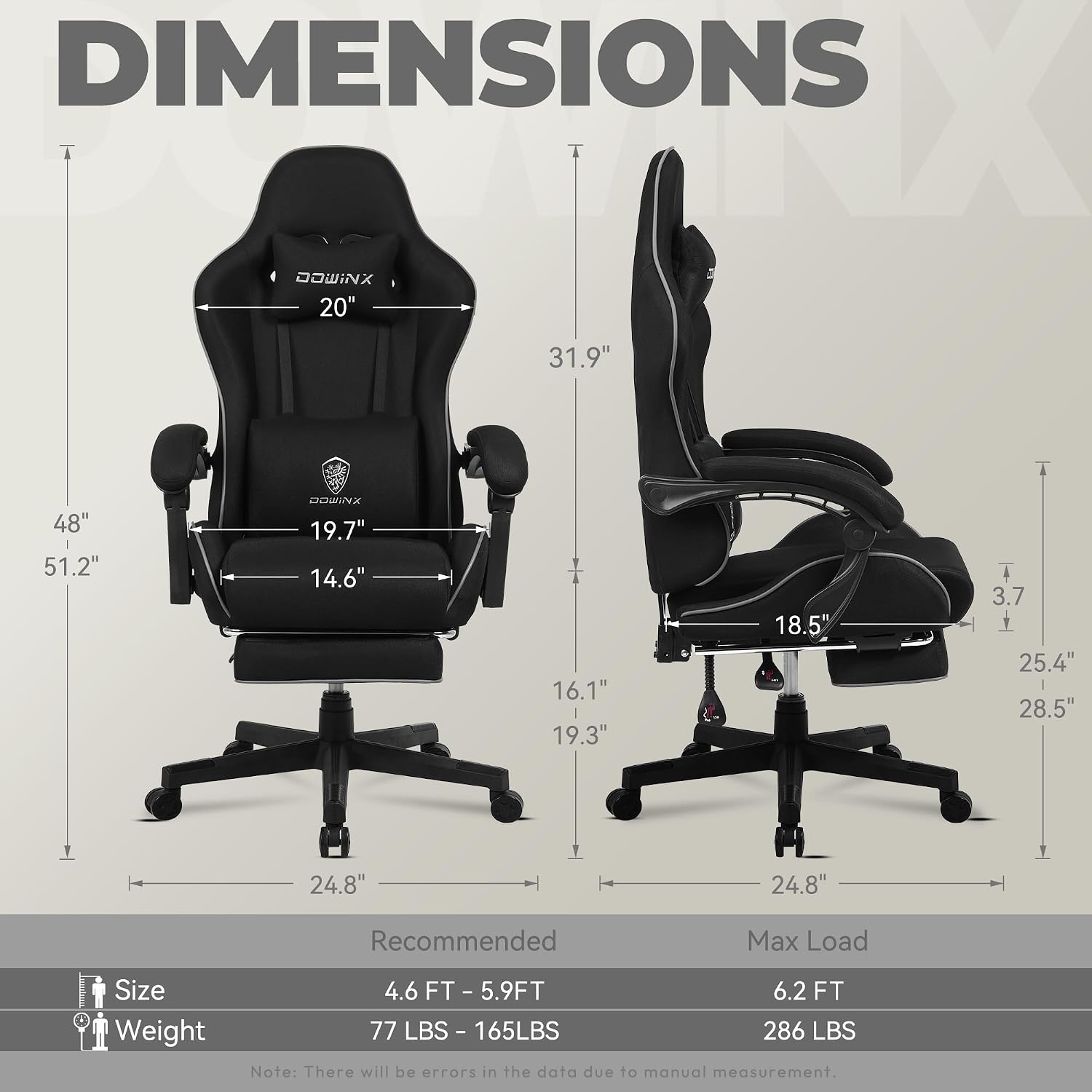 Dowinx Gaming Chair Fabric with Pocket Spring Cushion, Massage Game Chair Cloth with Headrest, Ergonomic Computer Chair with Footrest 290LBS, Black