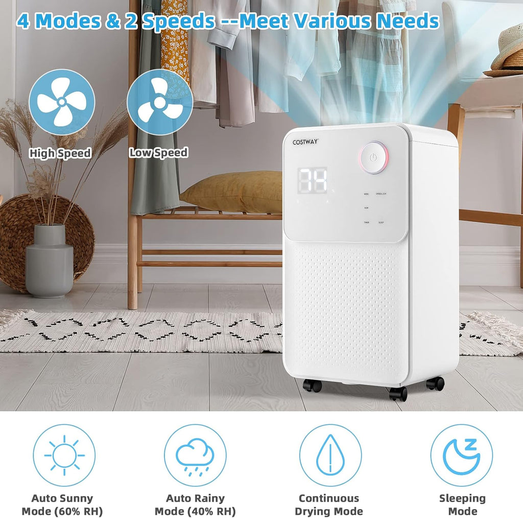 COSTWAY 2000 Sq. Ft Dehumidifier for Large Room & Basement, 32 Pint Dehumidifier with Drain Hose, 4 Modes, 2 Speeds, 24H Timer, Auto Defrost, 3-Color Digital Display