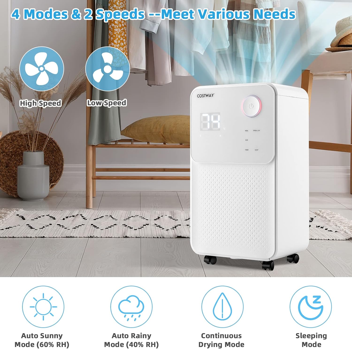 COSTWAY 2000 Sq. Ft Dehumidifier for Large Room & Basement, 32 Pint Dehumidifier with Drain Hose, 4 Modes, 2 Speeds, 24H Timer, Auto Defrost, 3-Color Digital Display