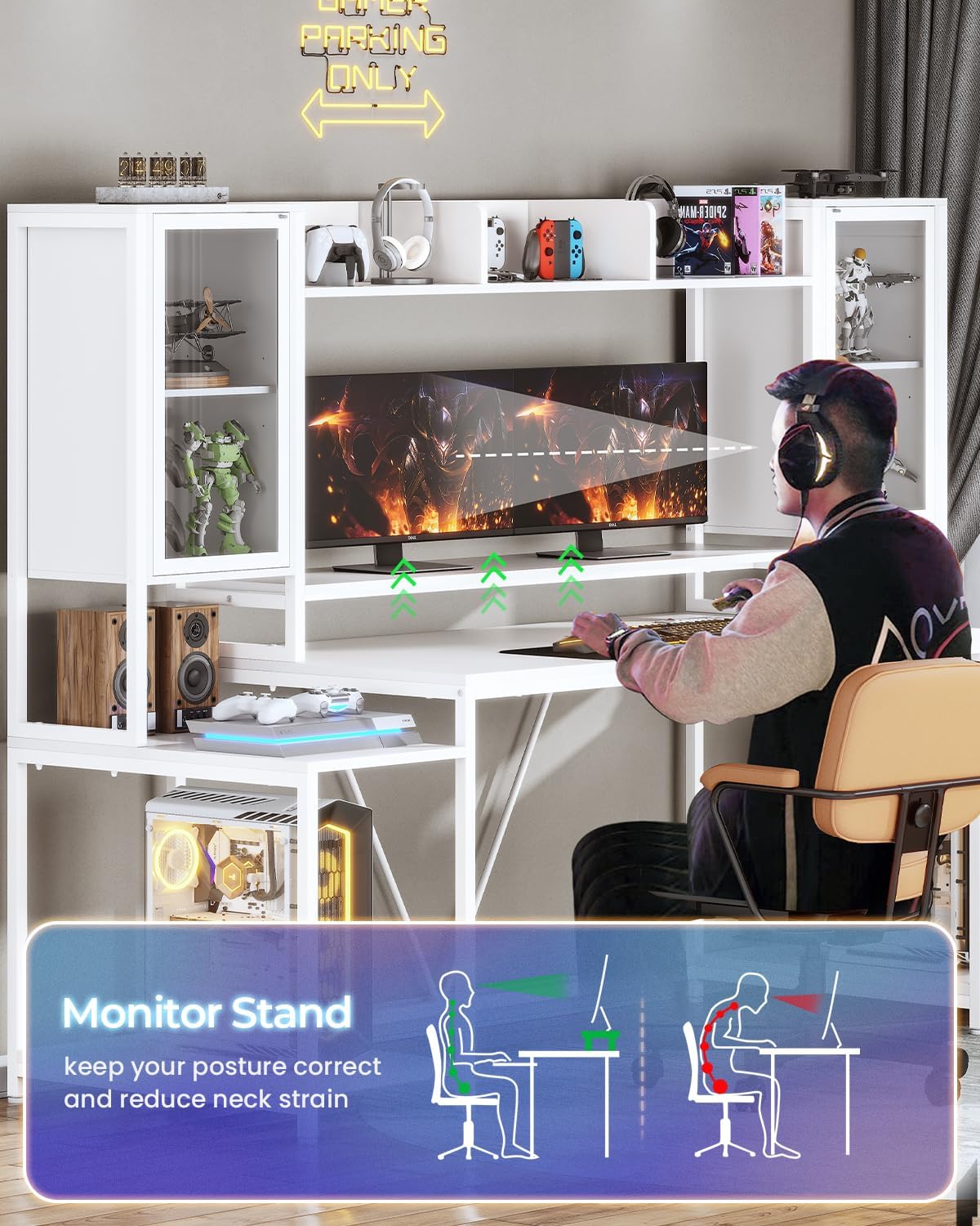 SEDETA Gaming Desk 74.8'' with LED Lights, Hutch and Storage Shelves, Computer Desk with Monitor Stand, Large PC Gamer Desk Workstation, Ergonomic Gaming Table for Bedroom, Living Room, White