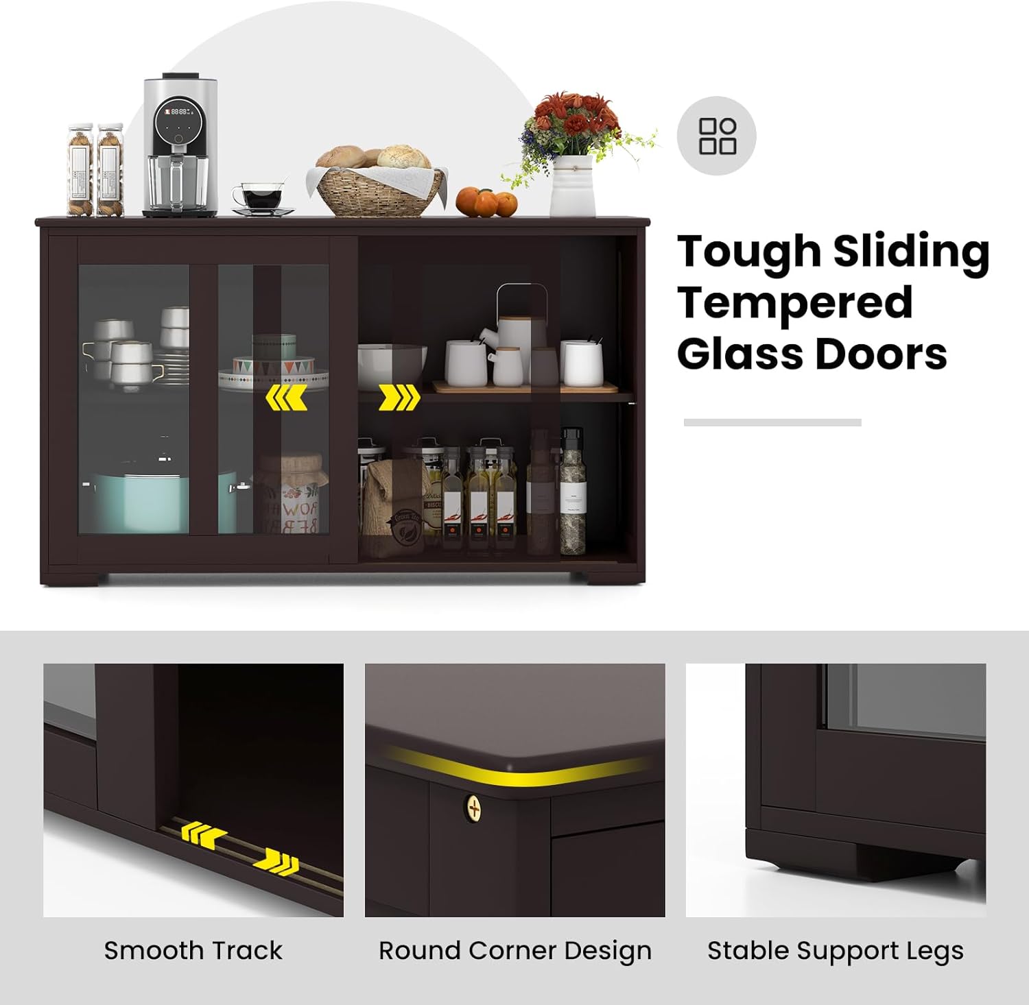 COSTWAY Buffet Sideboard with Storage, 2-Door Floor Cupboard with Sliding Tempered Glass Cabinet & Adjustable Shelf, Stackable Storage Cabinet for Kitchen, Entryway (Brown)