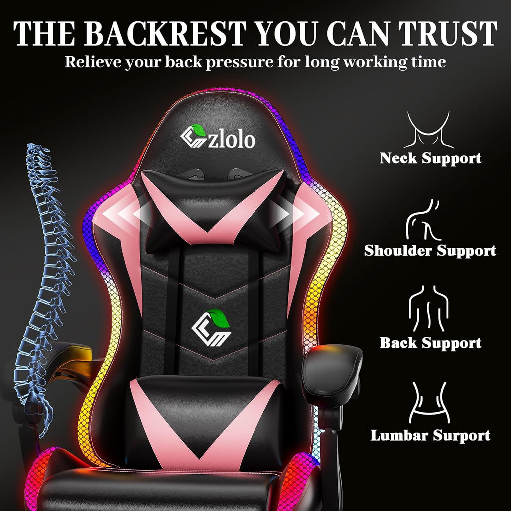 Czlolo Gaming Chair, Racing Style RGB LED Lights Gaming Chairs for Adults and Kids, Lumbar Massager Gamer Chair, High Back Reclining Computer Chair with Footrest and Headrest (Black/Pink)