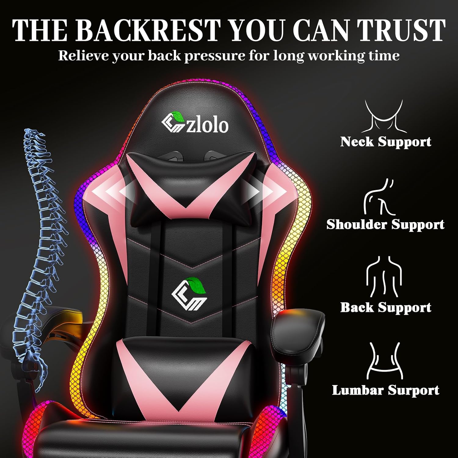 Czlolo Gaming Chair, Racing Style RGB LED Lights Gaming Chairs for Adults and Kids, Lumbar Massager Gamer Chair, High Back Reclining Computer Chair with Footrest and Headrest (Black/Pink)