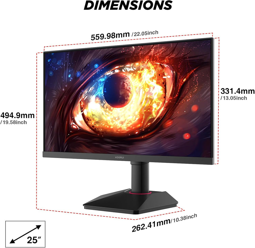 KOORUI G2511E 24.5 Inch Gaming Monitor, 320Hz 1ms Fast IPS PC Monitor, FHD 1080P, HDR 400, 95% DCI-P3 Color Gamut, Adaptive Sync Compatible, Ergonomic Stand, HDMI 2.0 & DP 1.4, Black