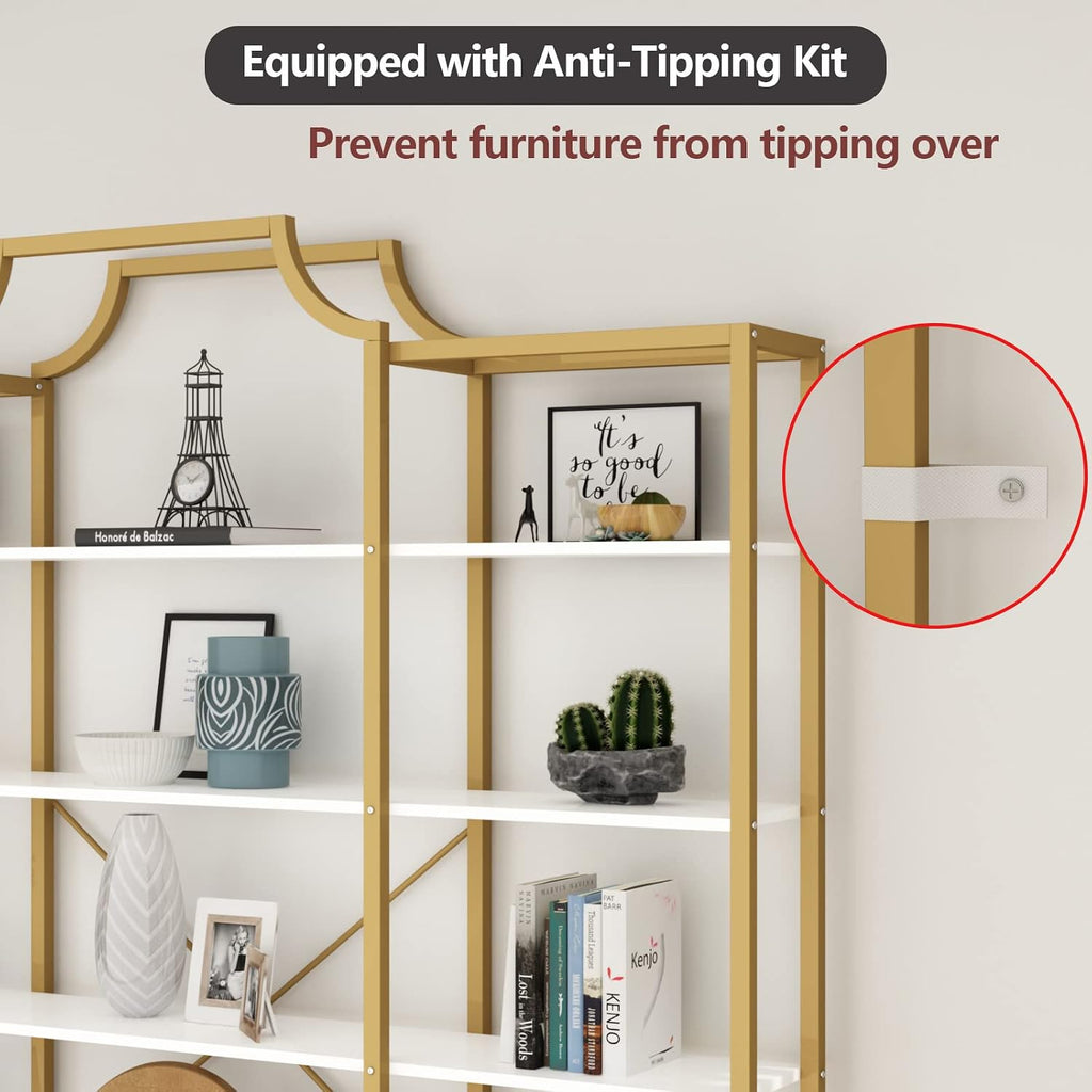 Auromie Triple Wide 5-Tier Bookshelf, 70.87' L x 79.13' H Extra Large Gold Bookcase, Tall Display Shelf with Metal Frame, Freestanding Etagere Storage Display Shelf for Home Office, White Gold