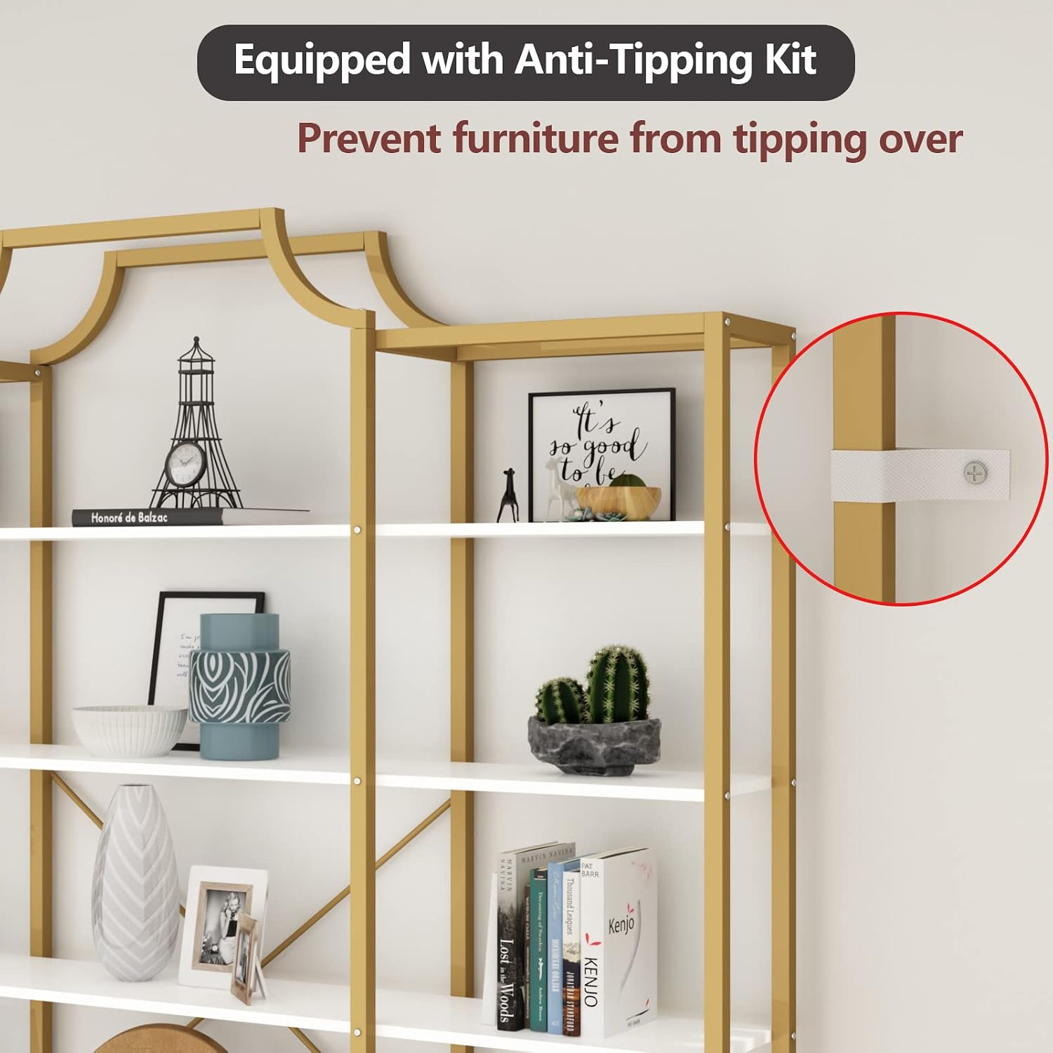 Auromie Triple Wide 5-Tier Bookshelf, 70.87' L x 79.13' H Extra Large Gold Bookcase, Tall Display Shelf with Metal Frame, Freestanding Etagere Storage Display Shelf for Home Office, White Gold