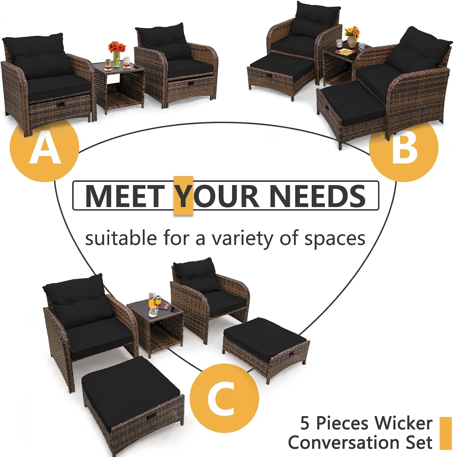 5 Pieces Wicker Outdoor Patio Chairs Set with Ottoman Patio Conversation Furniture Set with Ottoman Underneath All Weather Brown PE Rattan Balcony Furniture Set & End Table, Black Cushion